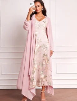 Women's Wedding Guest Dress Set Maxi Dress Chiffon Cardigan Embroidered Date Vacation Elegant V Neck Long Sleeve Pink Color Spring Summer Fall