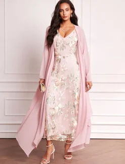 Women's Wedding Guest Dress Set Maxi Dress Chiffon Cardigan Embroidered Date Vacation Elegant V Neck Long Sleeve Pink Color Spring Summer Fall
