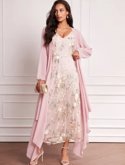 Women's Wedding Guest Dress Set Maxi Dress Chiffon Cardigan Embroidered Date Vacation Elegant V Neck Long Sleeve Pink Color Spring Summer Fall