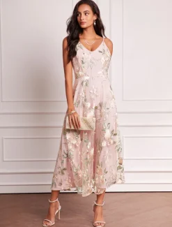 Women's Wedding Guest Dress Set Maxi Dress Chiffon Cardigan Embroidered Date Vacation Elegant V Neck Long Sleeve Pink Color Spring Summer Fall