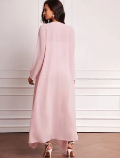 Women's Wedding Guest Dress Set Maxi Dress Chiffon Cardigan Embroidered Date Vacation Elegant V Neck Long Sleeve Pink Color Spring Summer Fall