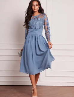 Women's Wedding Guest Dress Vintage Dress Midi Dress Ruched Mesh Elegant Cocktail Dresses Casual Crew Neck Long Sleeve Blue Color