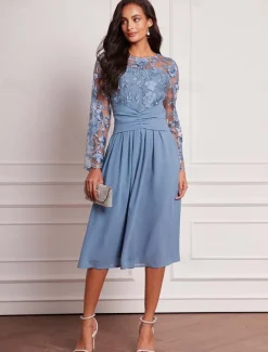 Women's Wedding Guest Dress Vintage Dress Midi Dress Ruched Mesh Elegant Cocktail Dresses Casual Crew Neck Long Sleeve Blue Color
