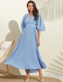 Women's Wedding Guest Dress Maxi Blue V-Neck Dolman Sleeve Pleated Chiffon