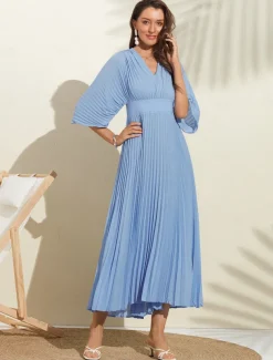 Women's Wedding Guest Dress Maxi Blue V-Neck Dolman Sleeve Pleated Chiffon