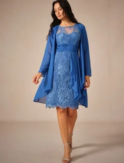 Women's Wedding Guest Jacket Dress Lace Dress Chiffon Dress Cocktail Dresses Formal Dresses Cardigan Ruched Long Sleeve Cocktail Party Blue Spring Summer Fall