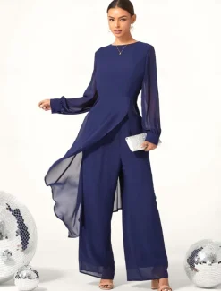 Women's Wedding Guest Jumpsuit Elegant Navy Blue Long Sheer Sleeve Wide Leg Chic Evening Party Wear Round Neckline Spring Summer Fall