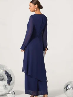 Women's Wedding Guest Jumpsuit Elegant Navy Blue Long Sheer Sleeve Wide Leg Chic Evening Party Wear Round Neckline Spring Summer Fall