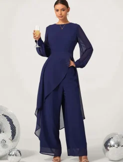 Women's Wedding Guest Jumpsuit Elegant Navy Blue Long Sheer Sleeve Wide Leg Chic Evening Party Wear Round Neckline Spring Summer Fall