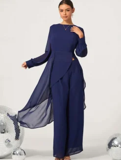 Women's Wedding Guest Jumpsuit Elegant Navy Blue Long Sheer Sleeve Wide Leg Chic Evening Party Wear Round Neckline Spring Summer Fall