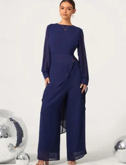 Women's Wedding Guest Jumpsuit Elegant Navy Blue Long Sheer Sleeve Wide Leg Chic Evening Party Wear Round Neckline Spring Summer Fall