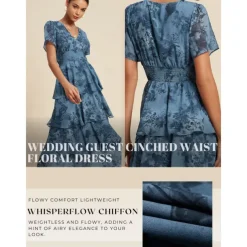 Women's Wedding Guest Party Navy Floral Chiffon Maxi Dress V Neck Vintage Elegant A Line Tiered Ruffle Cake Skirt Elastic Waist and Back Dress