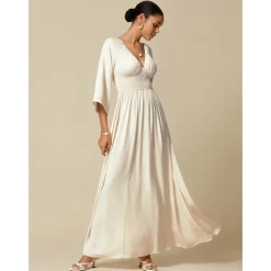 Women's Wedding Guest/Party Maxi Dress White Smocked Waist V-Neck 3/4 Sleeve Formal Elegant Dress dress to impress 2024