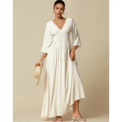 Women's Wedding Guest/Party Maxi Dress White Smocked Waist V-Neck 3/4 Sleeve Formal Elegant Dress dress to impress 2024