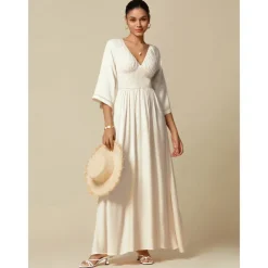 Women's Wedding Guest/Party Maxi Dress White Smocked Waist V-Neck 3/4 Sleeve Formal Elegant Dress dress to impress 2024