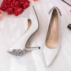 Women's Wedding Shoes Bridal Bridesmaid Pumps Office Dress Elegant White Red Dark Blue Imitation Rhinestones Crystal Satin Pointed Toe High heel Shoes Valentines Gifts Wedding Party Anniversary