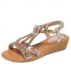 Women's Wedge Sandals with Rhinestone Embellishments – Comfortable Elastic Straps and Floral Patterned Details for Casual Summer Wear