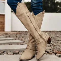 Women's Western Boots with Perforated Buckle Strap and Stitching Detail, Mid-Calf Cowgirl Boots for Casual and Outdoor Wear