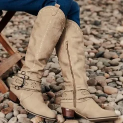 Women's Western Boots with Perforated Buckle Strap and Stitching Detail, Mid-Calf Cowgirl Boots for Casual and Outdoor Wear