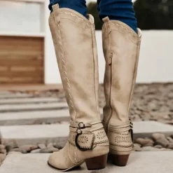 Women's Western Boots with Perforated Buckle Strap and Stitching Detail, Mid-Calf Cowgirl Boots for Casual and Outdoor Wear