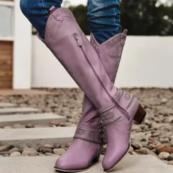 Women's Western Boots with Perforated Buckle Strap and Stitching Detail, Mid-Calf Cowgirl Boots for Casual and Outdoor Wear