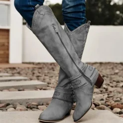 Women's Western Boots with Perforated Buckle Strap and Stitching Detail, Mid-Calf Cowgirl Boots for Casual and Outdoor Wear