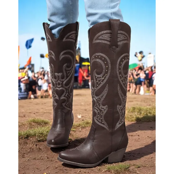 Women's Western Cowboy Boots with Embroidered Design – Stylish Brown Block Heel Boots for Music Festivals, Casual Wear & Outdoor Events