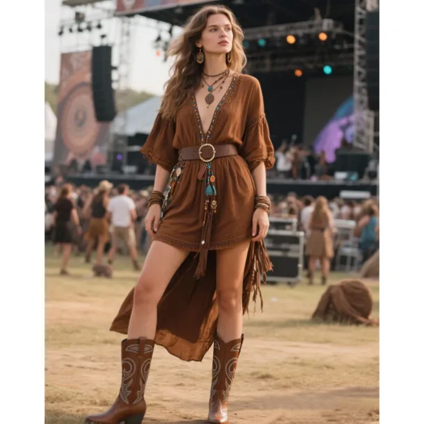 Women's Western Cowboy Boots with Embroidered Design – Stylish Brown Block Heel Boots for Music Festivals, Casual Wear & Outdoor Events