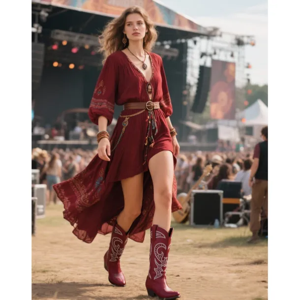 Women's Western Cowboy Boots with Embroidered Design – Stylish Brown Block Heel Boots for Music Festivals, Casual Wear & Outdoor Events