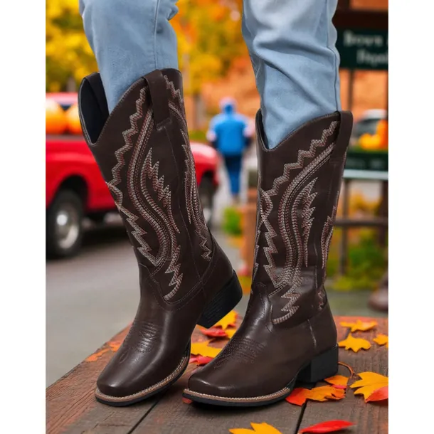 Women's Western Cowboy Boots with Embroidered Stitching – Faux Leather Mid-Calf Boots for Fall Festivals, Farm Work & Country Outfits