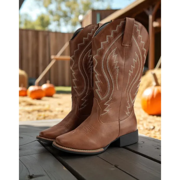 Women's Western Cowboy Boots with Embroidered Stitching – Faux Leather Mid-Calf Boots for Fall Festivals, Farm Work & Country Outfits
