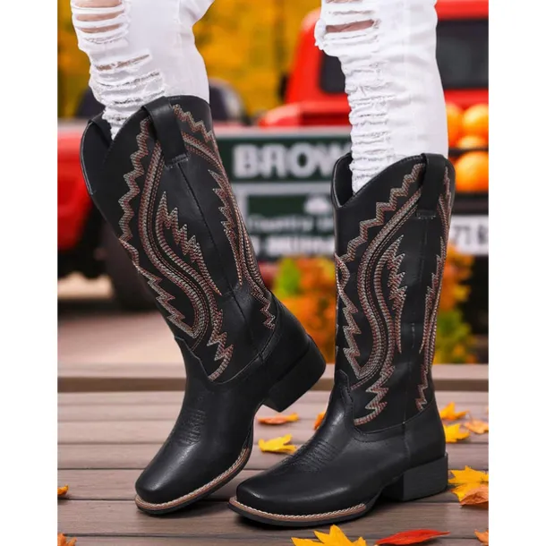 Women's Western Cowboy Boots with Embroidered Stitching – Faux Leather Mid-Calf Boots for Fall Festivals, Farm Work & Country Outfits