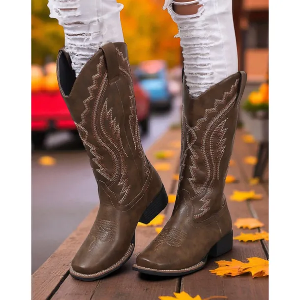 Women's Western Cowboy Boots with Embroidered Stitching – Faux Leather Mid-Calf Boots for Fall Festivals, Farm Work & Country Outfits