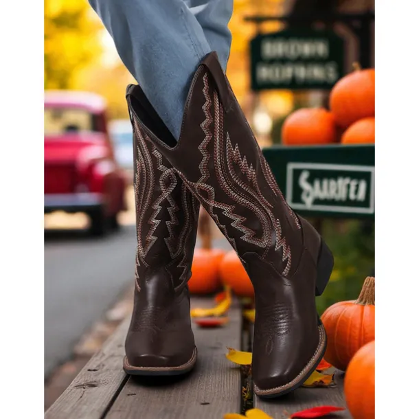 Women's Western Cowboy Boots with Embroidered Stitching – Faux Leather Mid-Calf Boots for Fall Festivals, Farm Work & Country Outfits