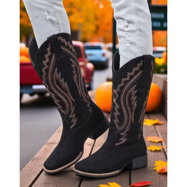 Women's Western Cowboy Boots with Embroidered Stitching – Faux Leather Mid-Calf Boots for Fall Festivals, Farm Work & Country Outfits