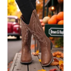 Women's Western Cowboy Boots with Embroidered Stitching – Faux Leather Mid-Calf Boots for Fall Festivals, Farm Work & Country Outfits
