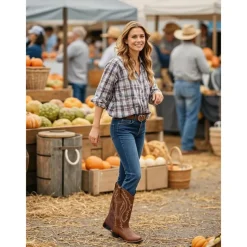 Women's Western Cowboy Boots with Embroidered Stitching – Faux Leather Mid-Calf Boots for Fall Festivals, Farm Work & Country Outfits