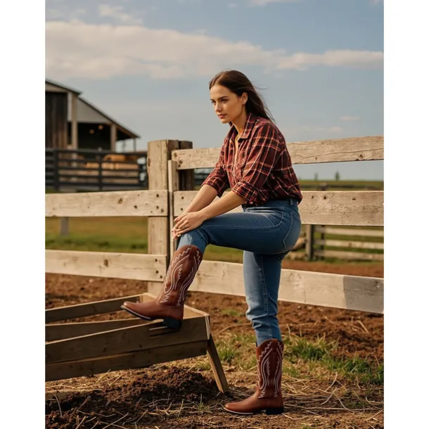 Women's Western Cowboy Boots with Embroidered Stitching – Faux Leather Mid-Calf Boots for Fall Festivals, Farm Work & Country Outfits