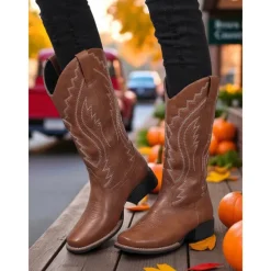 Women's Western Cowboy Boots with Embroidered Stitching – Faux Leather Mid-Calf Boots for Fall Festivals, Farm Work & Country Outfits