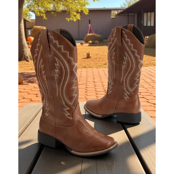 Women's Western Cowboy Boots with Embroidered Stitching – Faux Leather Mid-Calf Boots for Fall Festivals, Farm Work & Country Outfits