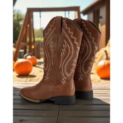 Women's Western Cowboy Boots with Embroidered Stitching – Faux Leather Mid-Calf Boots for Fall Festivals, Farm Work & Country Outfits