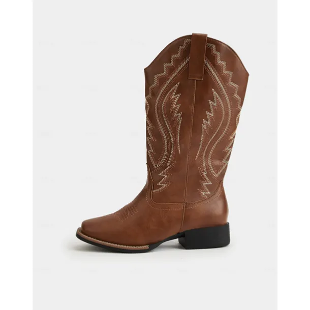 Women's Western Cowboy Boots with Embroidered Stitching – Faux Leather Mid-Calf Boots for Fall Festivals, Farm Work & Country Outfits