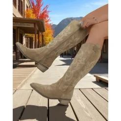Women's Western Suede Knee High Cowboy Boots – Embroidered Tan Pointed Toe Mid Heel Riding Boots for Country Concerts, Fall Outfits, and Outdoor Events