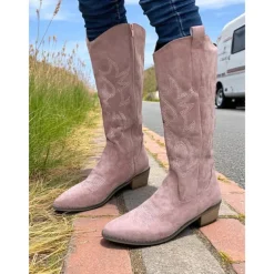 Women's Western Suede Knee High Cowboy Boots – Embroidered Tan Pointed Toe Mid Heel Riding Boots for Country Concerts, Fall Outfits, and Outdoor Events