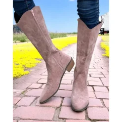Women's Western Suede Knee High Cowboy Boots – Embroidered Tan Pointed Toe Mid Heel Riding Boots for Country Concerts, Fall Outfits, and Outdoor Events