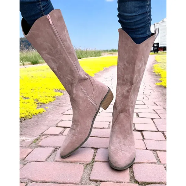 Women's Western Suede Knee High Cowboy Boots – Embroidered Tan Pointed Toe Mid Heel Riding Boots for Country Concerts, Fall Outfits, and Outdoor Events