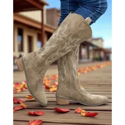 Women's Western Suede Knee High Cowboy Boots – Embroidered Tan Pointed Toe Mid Heel Riding Boots for Country Concerts, Fall Outfits, and Outdoor Events