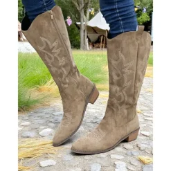 Women's Western Suede Knee High Cowboy Boots – Embroidered Tan Pointed Toe Mid Heel Riding Boots for Country Concerts, Fall Outfits, and Outdoor Events