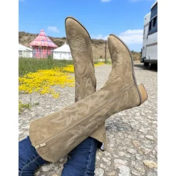Women's Western Suede Knee High Cowboy Boots – Embroidered Tan Pointed Toe Mid Heel Riding Boots for Country Concerts, Fall Outfits, and Outdoor Events