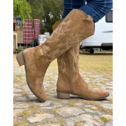 Women's Western Suede Knee High Cowboy Boots – Embroidered Tan Pointed Toe Mid Heel Riding Boots for Country Concerts, Fall Outfits, and Outdoor Events